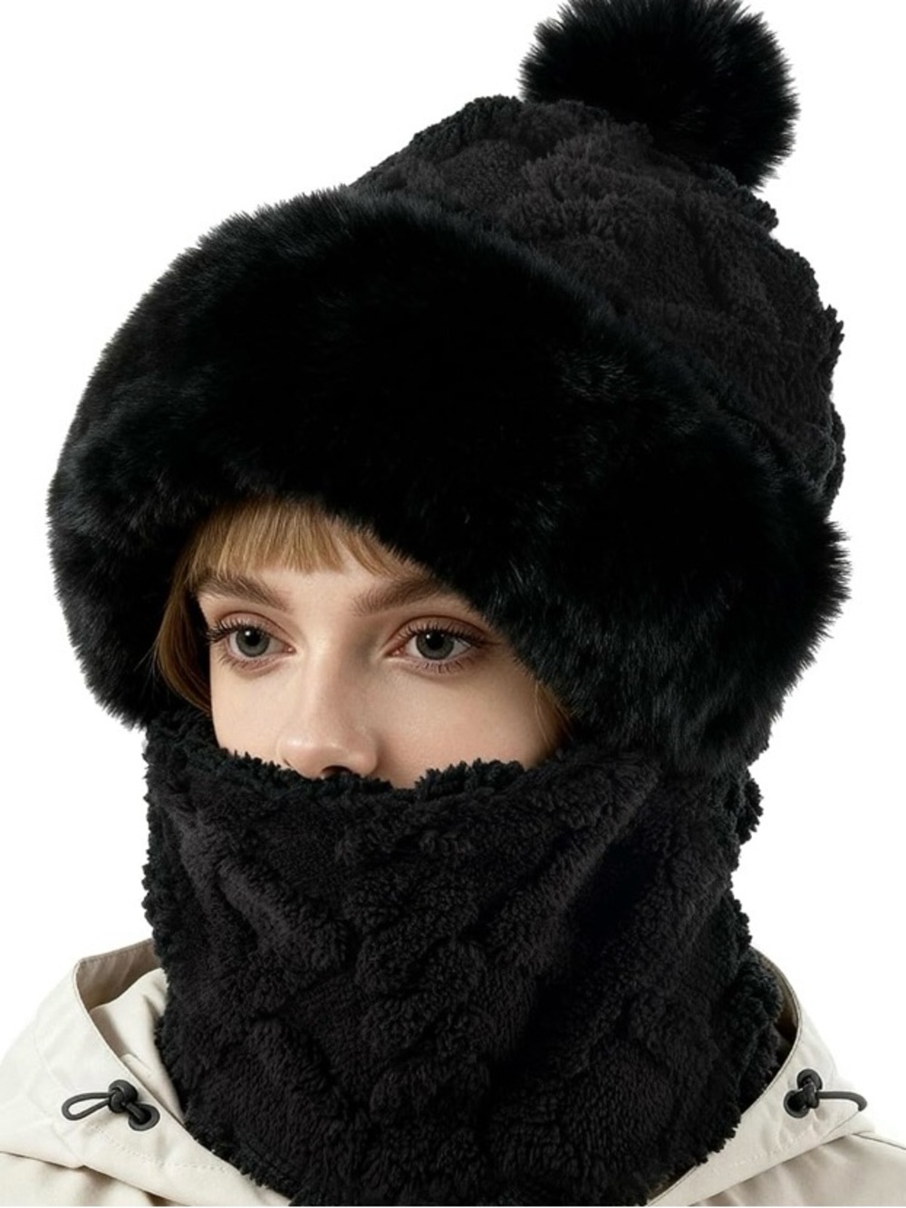 Black Faux Fur Pom Pom Hat and Neck Warmer
